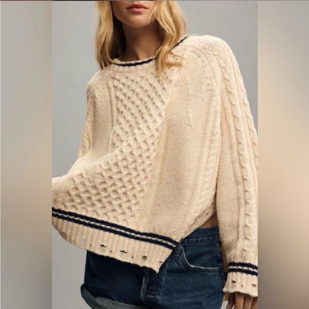 Pilcro Anthropologie Cream Cable Knit Varsity Sweater with Navy Accents